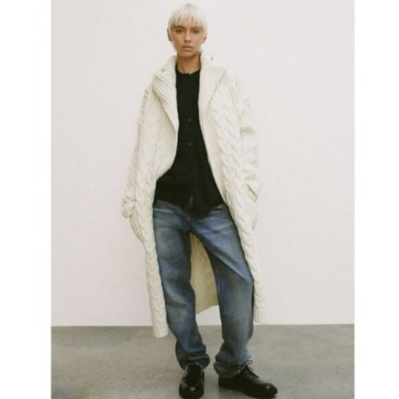 ZARA LONG CABLE KNIT COAT LONG SLEEVES WHITE - Picture 1 of 11